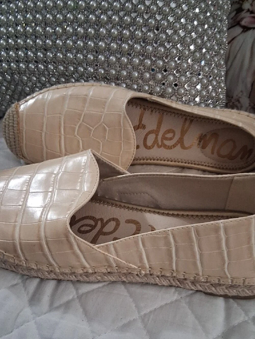 Sam Edelman Sz 9 Beige Croc-Embossed Leather Espadrille Loafers - Women $26